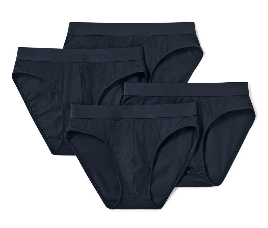 Négy sötétkék férfi alsónadrág elrendezve egy fehér háttéren.