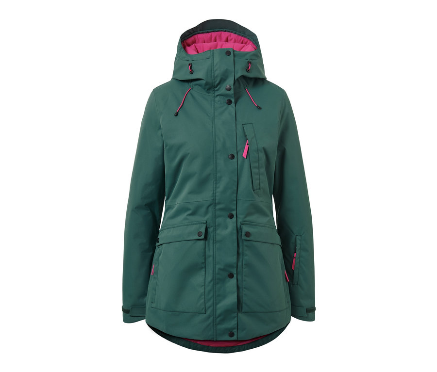Sötétzöld női sí- és snowboard kabát, rózsaszín béléssel.