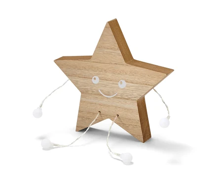 Egy LED-es díszfigura, csillag, fa áll fehér háttér előtt.