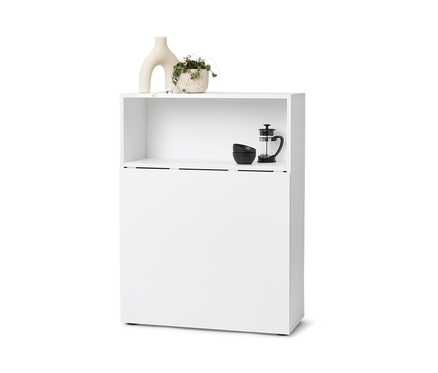 Fehér polc lehajtható asztallal. A felső polcon egy váza és egy cserepes virág látható.