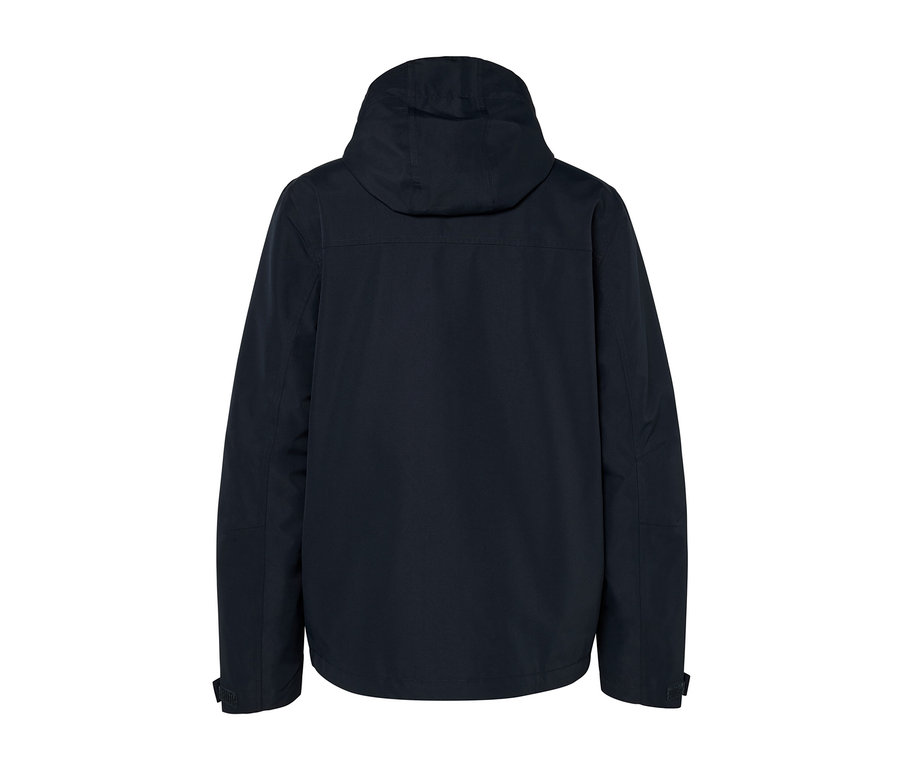 Sötétkék férfi funkcionális parka kabát hátulnézetből.