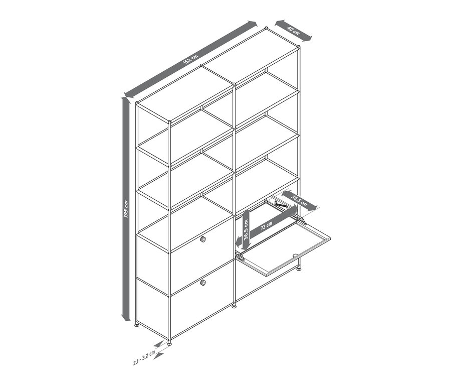 Egy magas »CN3« fémpolc vázlata 4 lenyíló ajtós rekesszel, melyből az egyik nyitva van.