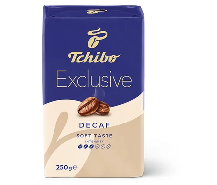 Csomag Tchibo Exclusive Decaf 250g őrölt kávé kék-fehér csomagolásban.