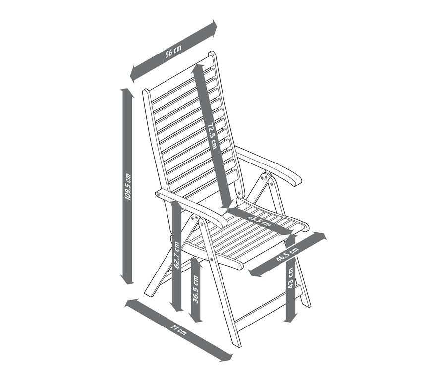Egy állítható támlás teak szék vázlata kiemelt méretekkel.