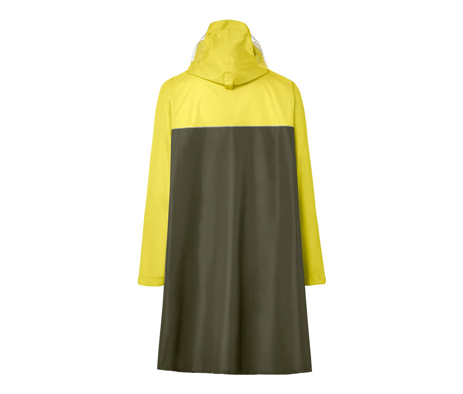 Hátulról látható sárga-khaki színű, ujjakkal ellátott unisex poncsó esőkabát.