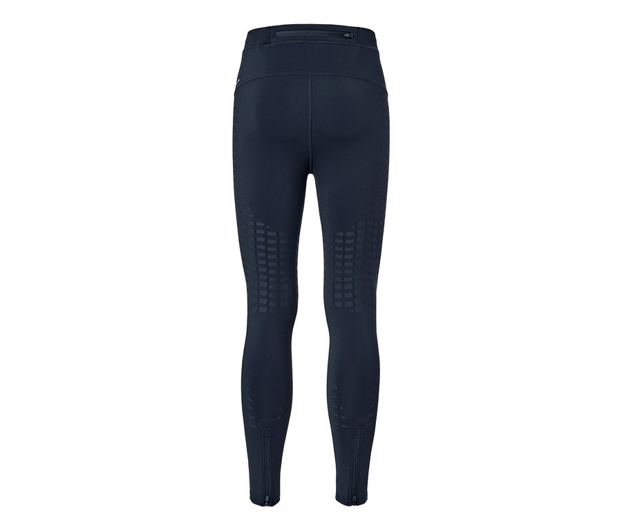 Hátulnézet sötétkék férfi futónadrágról, geometrikus mintával és cipzárral a bokánál.