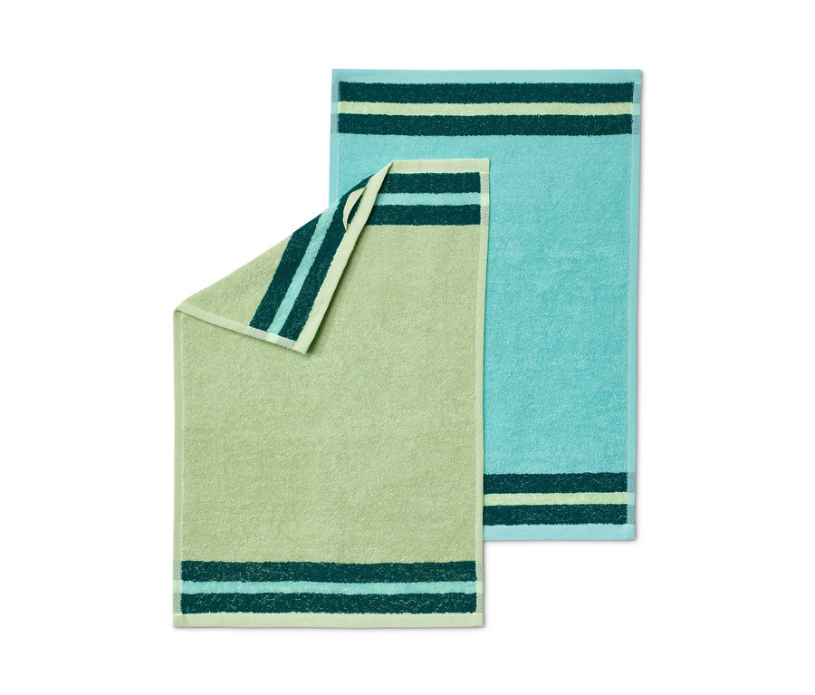 Két konyhai kéztörlő: egy világoszöld és egy türkiz.