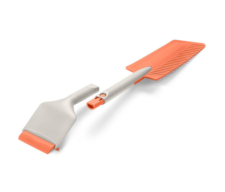 Szétszerelt 3az1-ben autós jégkaparó narancssárga kaparófelülettel.