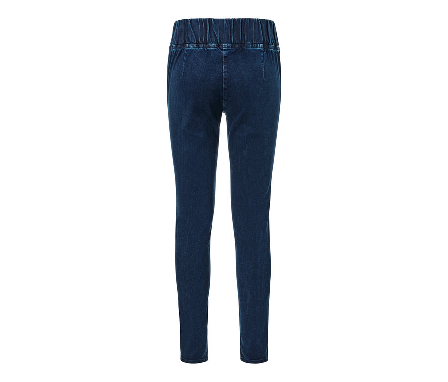 Hátulnézet egy sötétkék, farmer hatású, magasderekú leggingsről.