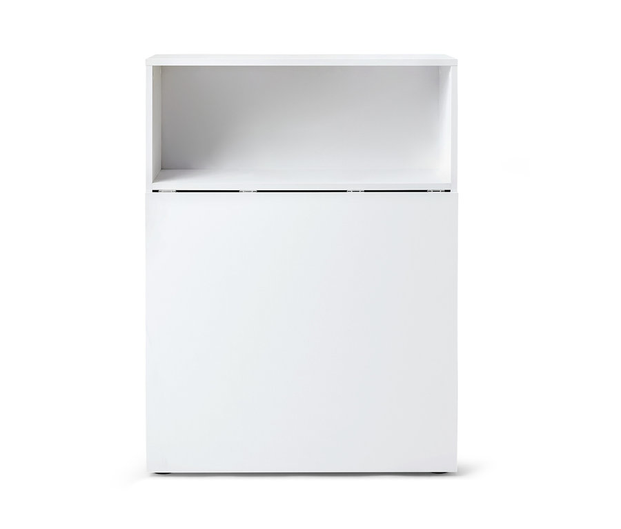 Fehér polc lehajtható asztallal.