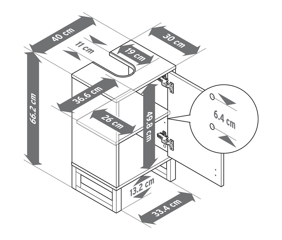 Rajz egy fehér, 1 ajtós mosdó alatti szekrényről, méretekkel.