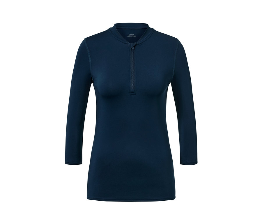 Sötétkék, hosszú ujjú, UV-szűrős női sportfelső.