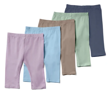 Öt pár gyermek leggings lila, kék, barna, zöld és sötétkék színben.
