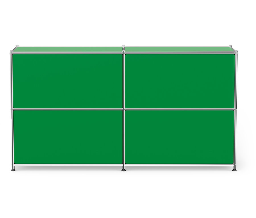 Zöld moduláris szekrény négy rekesszel és ezüst kerettel.