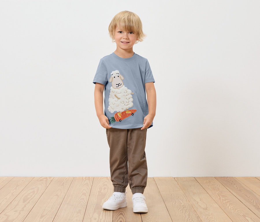 Fiú kék pólóban, rajta egy birka egy sárgarépa gördeszkán.