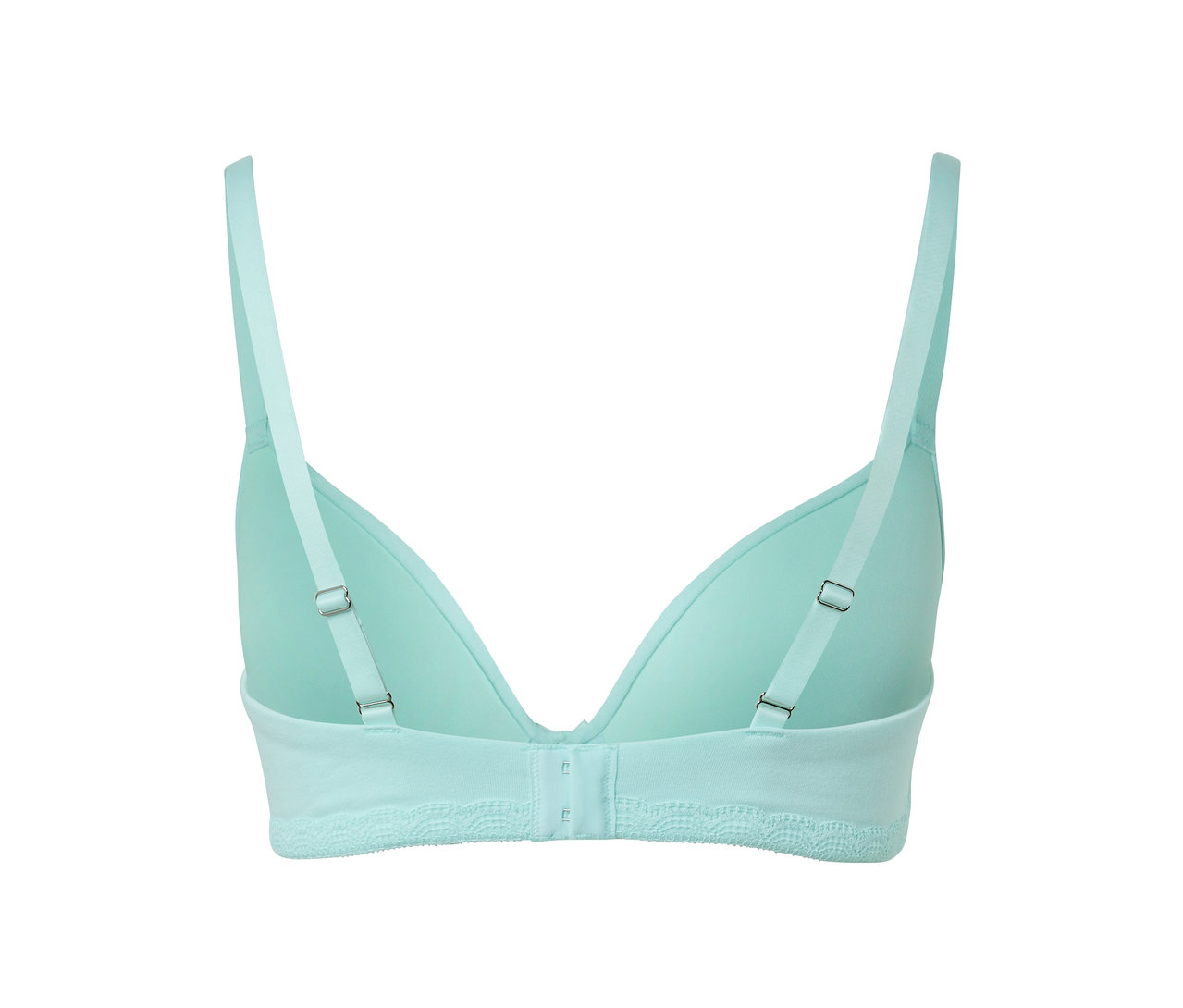 Hátulnézet egy vízkék, puha kosaras melltartóról.