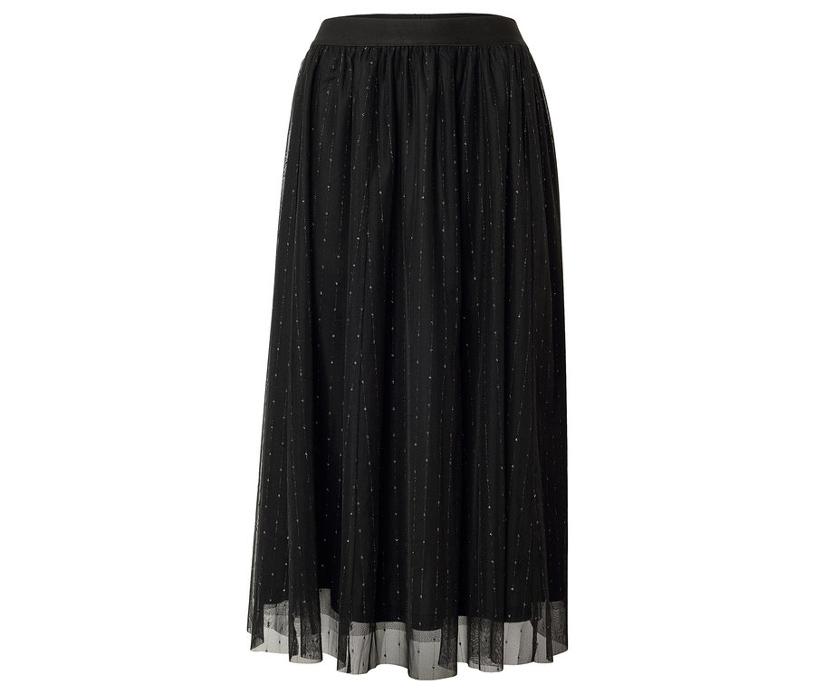 Fekete, hosszú tüllszoknya, rugalmas derékpánttal és finom ezüst részletekkel.