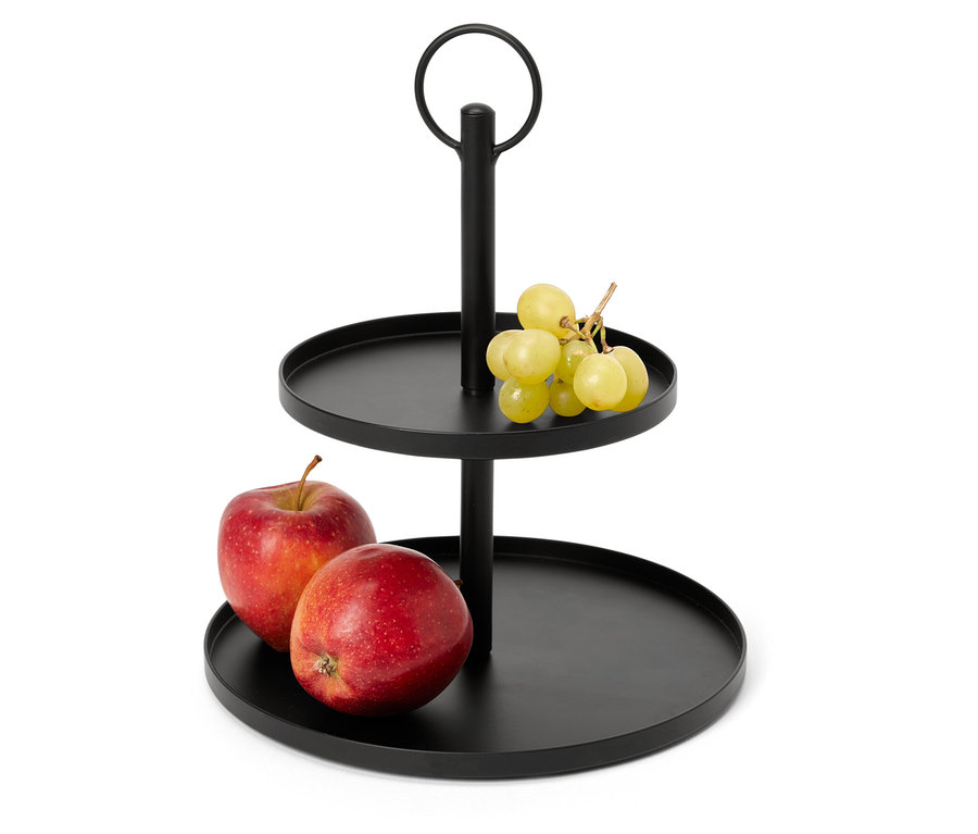 Fekete kétszintes Etagere almával és szőlővel.