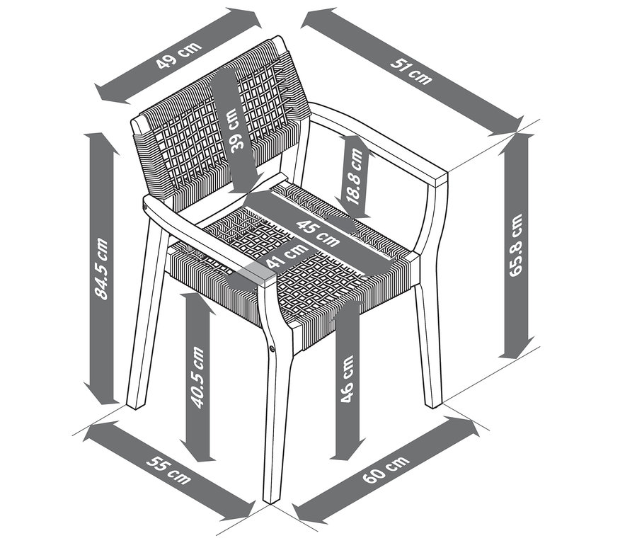Illusztráció egy egymásra rakható, textilhálós étkezőszékről, méretekkel.