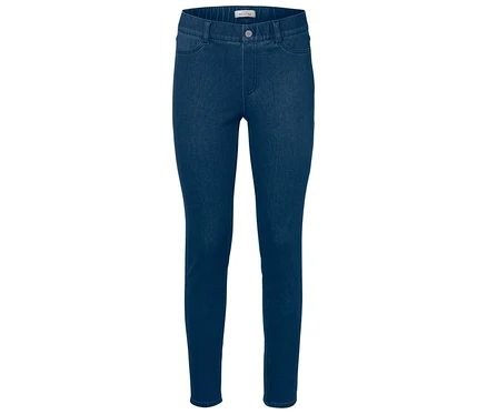 Középkék farmerhatású jeggings elülső zsebekkel és gombbal, laposan elhelyezve.