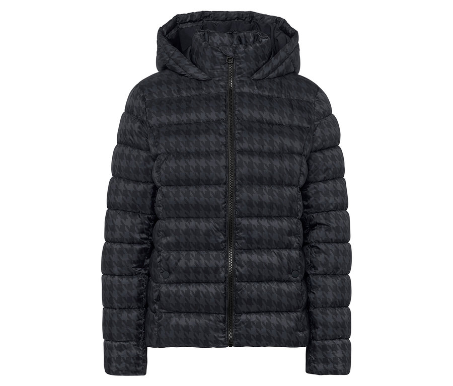 Fekete, kapucnis, tyúkláb mintás pehelykabát.