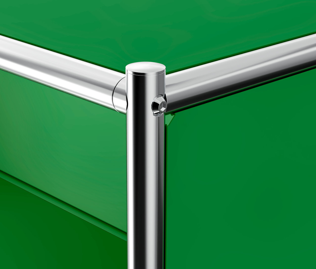 A zöld »CN3« görgős tároló részlete 3 fiókkal, krómozott vázzal.