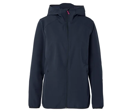 Sötétkék softshell kabát kapucnival és rózsaszín cipzárral.