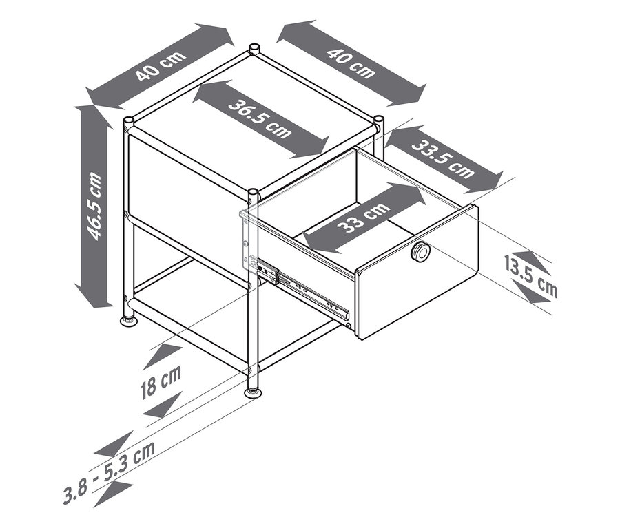 Felülnézet egy »CN3« fiókos fém kisasztalról, nyitott fiókkal, minden méret be van jelölve.