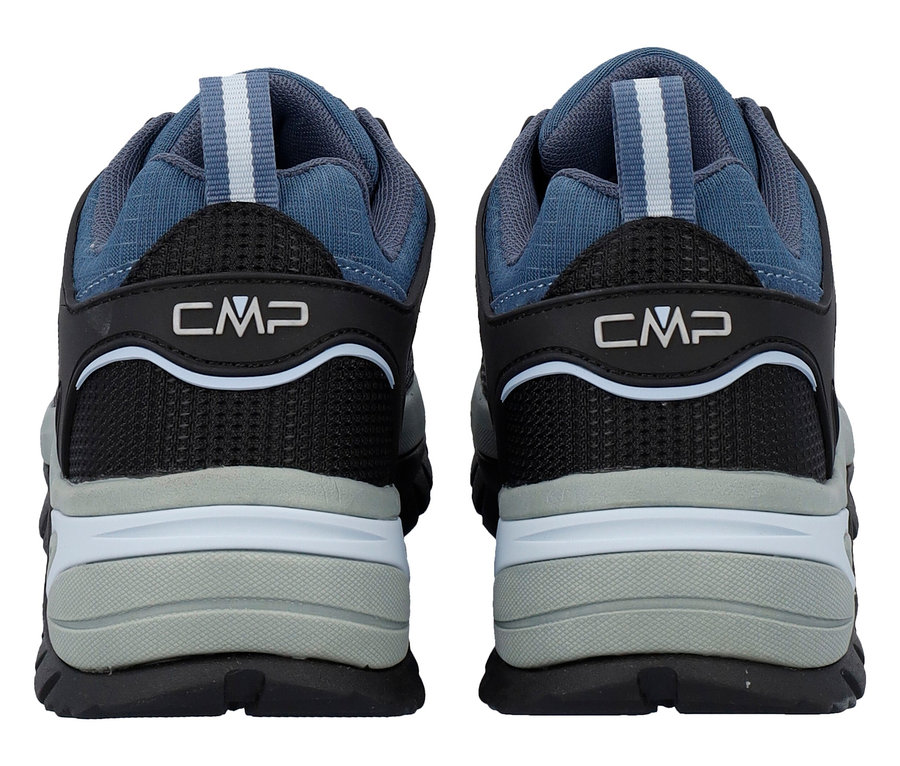 Két kék és fekete CMP túracipő hátulnézete.