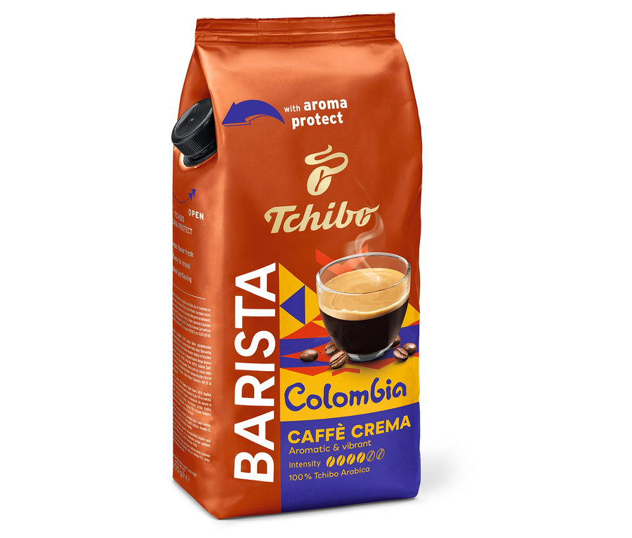 Látható egy csomag BARISTA Origins Colombia – 1 kg szemes kávé aromavédelemmel és Tchibo logóval.