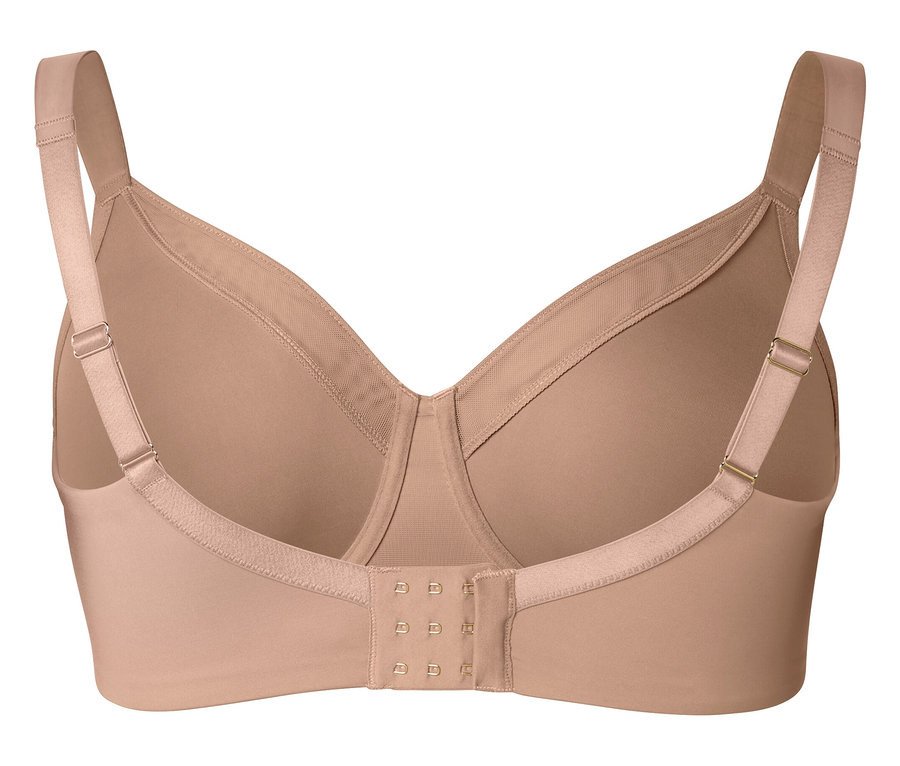 Egy testszínű melltartó hátulnézete állítható pántokkal és kapcsos záródással.