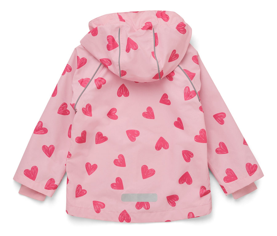Rózsaszín, szívecskés mintájú gyermekkabát hátulról.