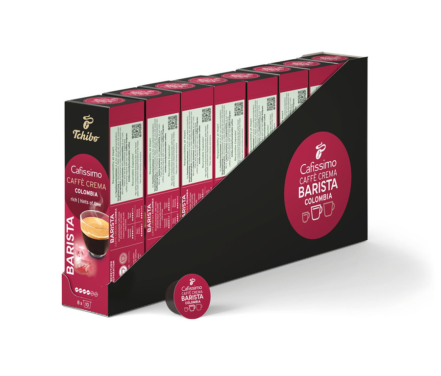 Egy csomag Cafissimo Barista Colombia kávékapszula. A kapszulák egy fekete csomagolásban vannak elrendezve.