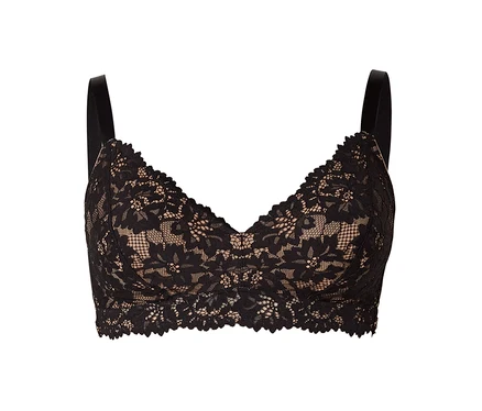 Fekete csipke bralette testszínű béléssel, virágmintával és hullámos szegéllyel, fehér háttér előtt.
