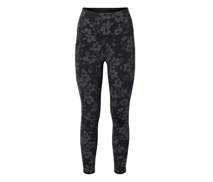 Fekete, magas derekú leggings szürke virágmintával.