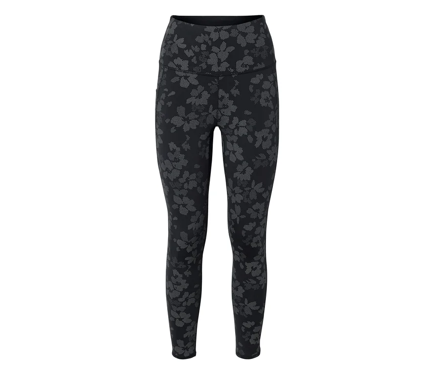 Fekete, magas derekú leggings szürke virágmintával.