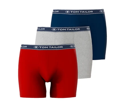 Három Tom Tailor boxeralsó piros, szürke és kék színben egymásra helyezve.