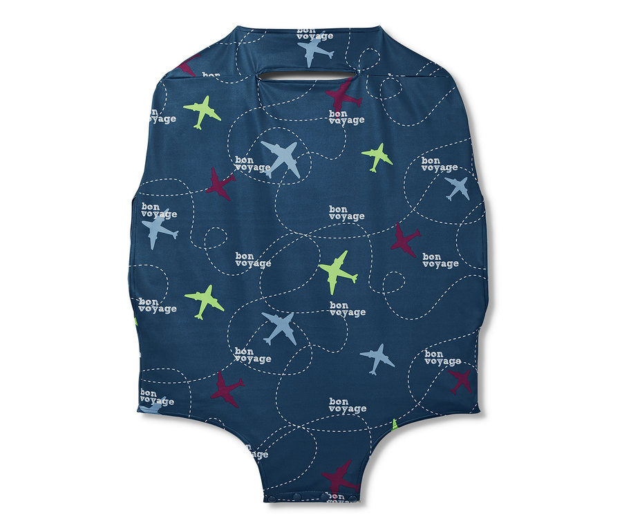 Bőröndvédő huzat repülő mintával és 'bon voyage' felirattal.