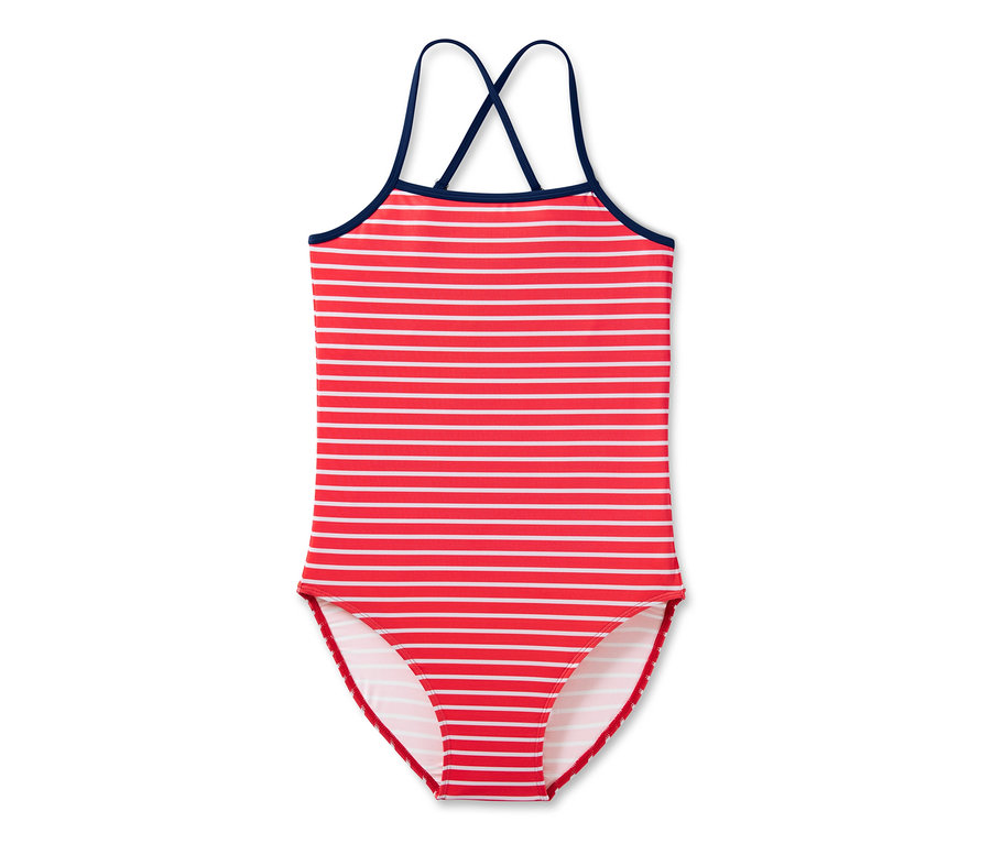 Piros-fehér csíkos, sötétkék pántos lány fürdőruha.