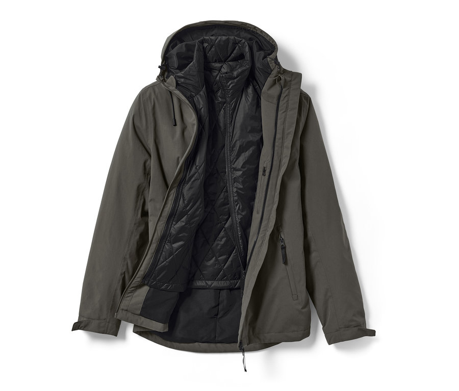 Kiterített 3 az 1-ben outdoor kabát mellénnyel, a kabát olívazöld, a mellény fekete.