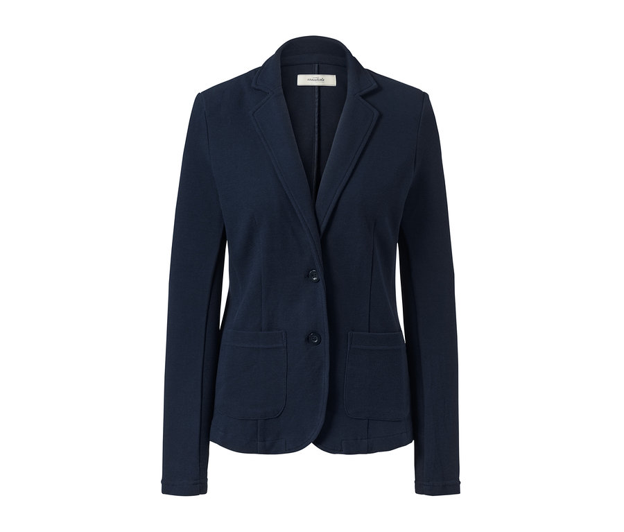 Sötétkék női blézer két gombbal és zsebekkel.