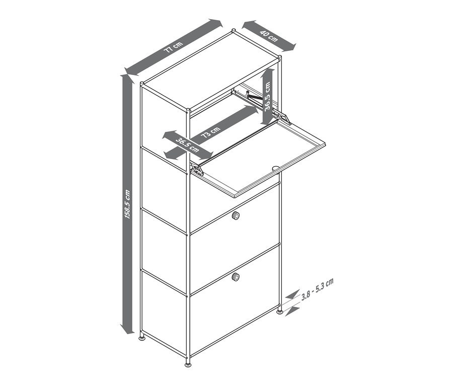 Ábra egy magas fémpolcról, 4 ajtóval, melyből az egyik nyitva van.