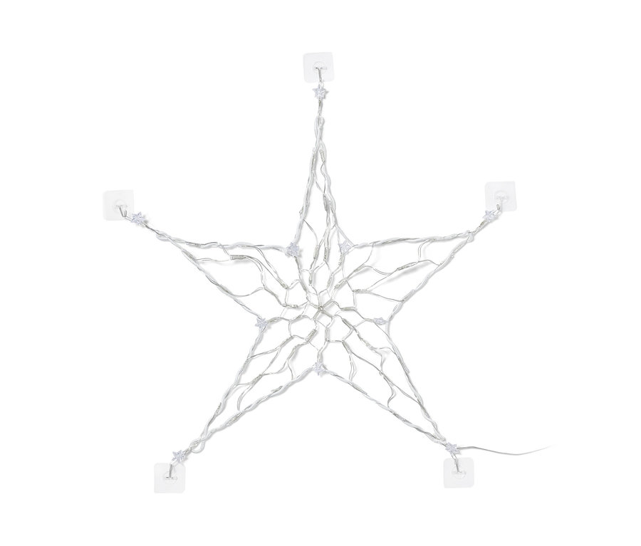 LED-es csillag sziluett átlátszó tartókkal rögzítve a falon.