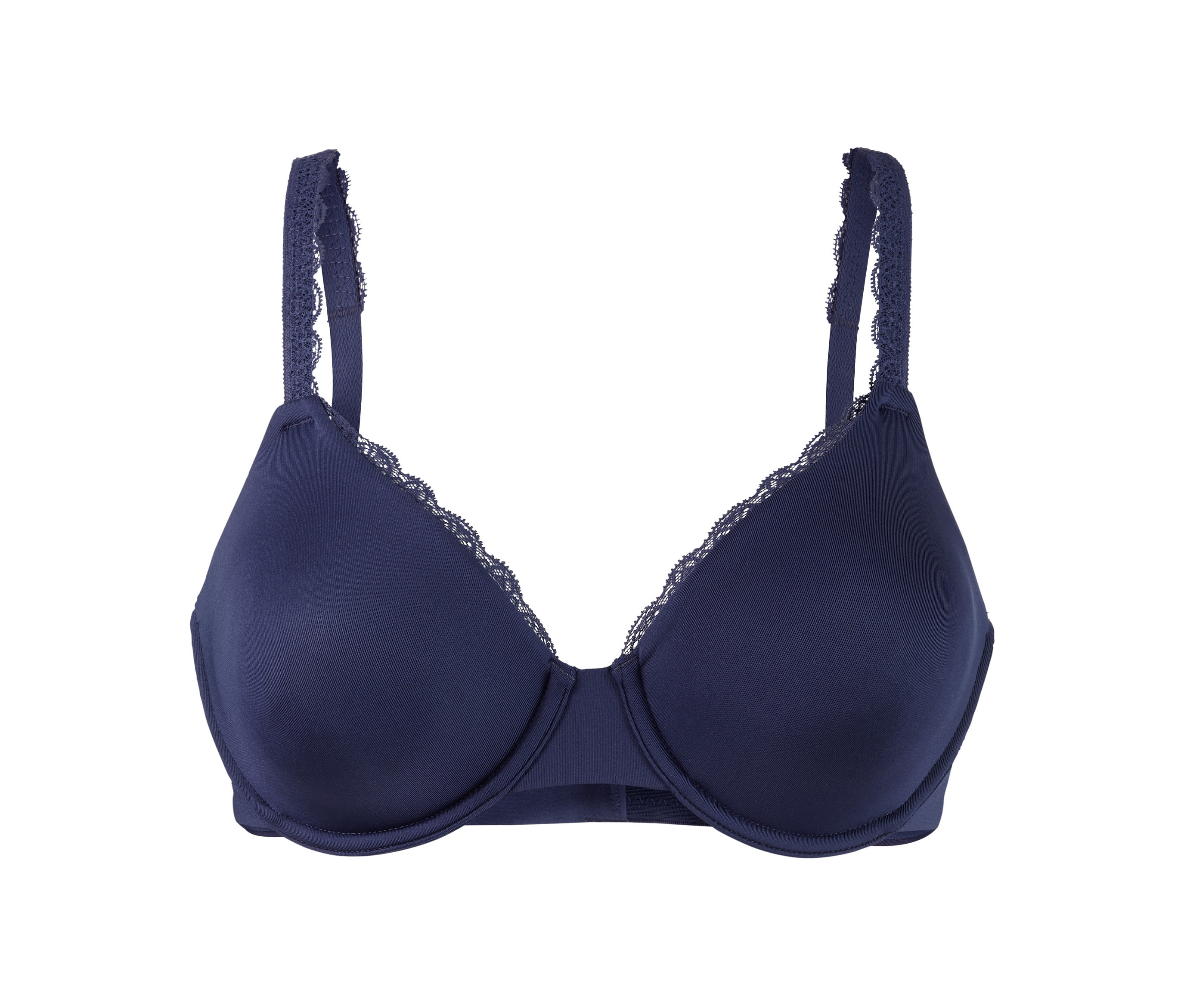 Sötétkék, csipkés, merevítős női melltartó.