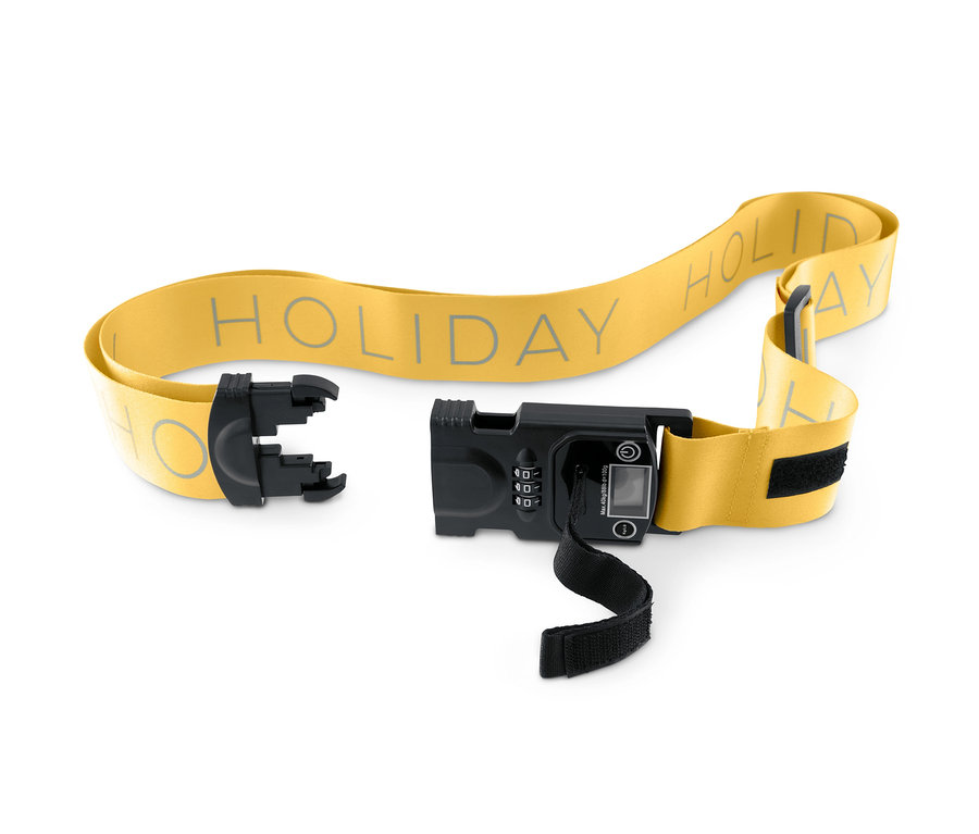 Sárga 3 az 1-ben bőröndpánt fekete mérleggel és zárral.