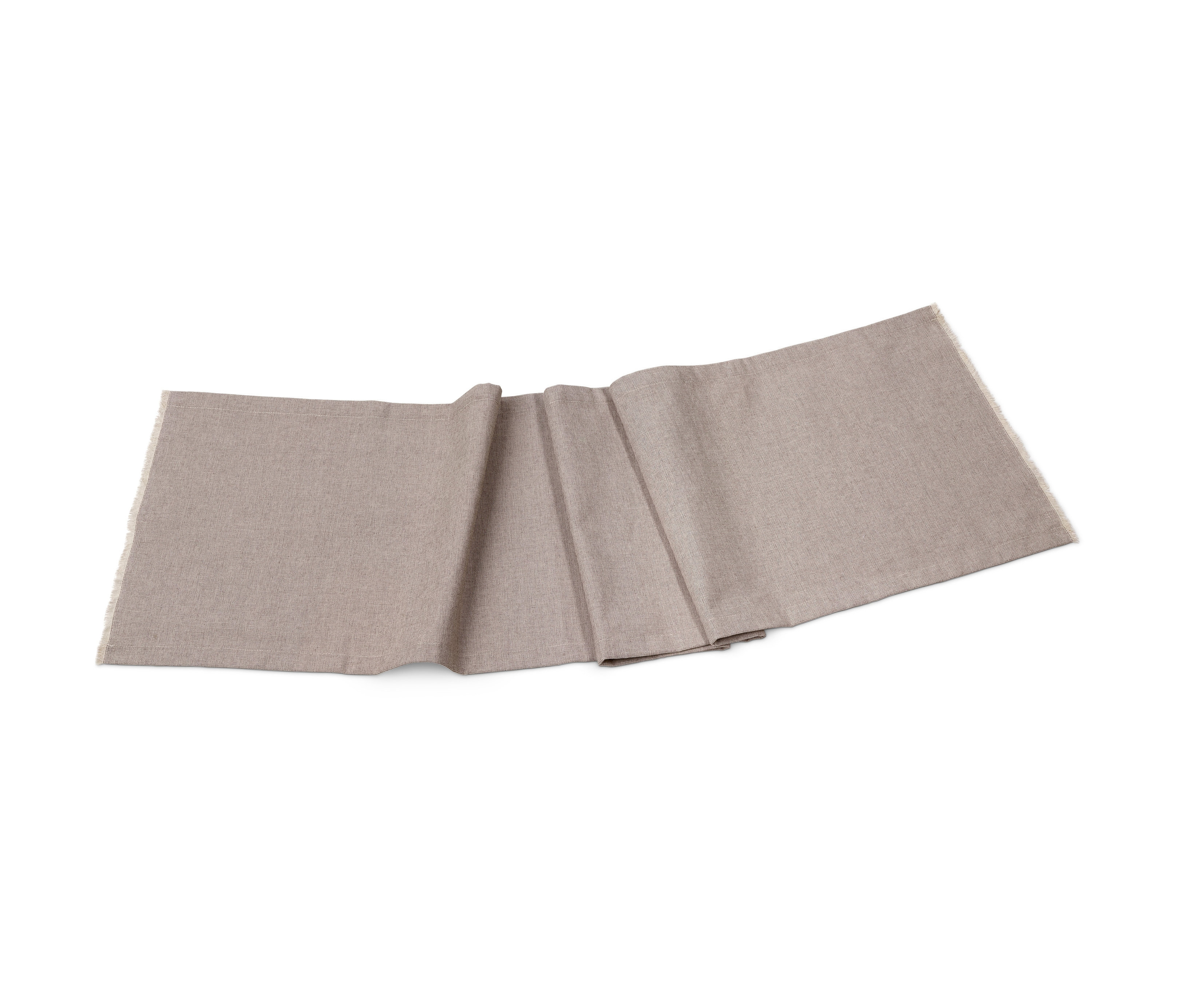 Bézs színű, rojtos asztali futó.