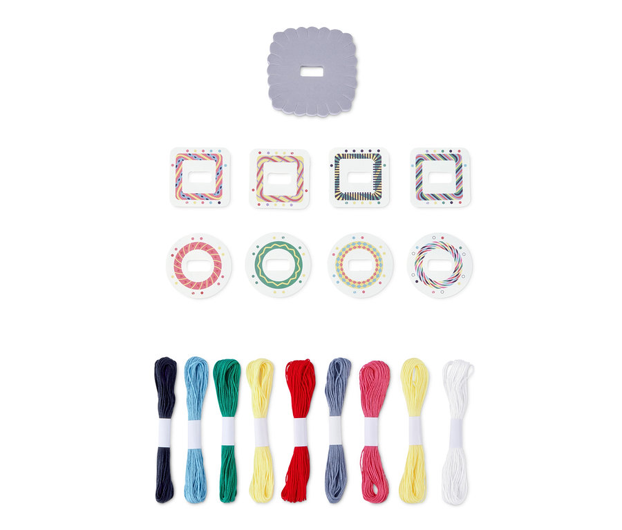 Barátságkarkötő készítő készlet, 9 szín pamutfonal és karton sablonokkal.