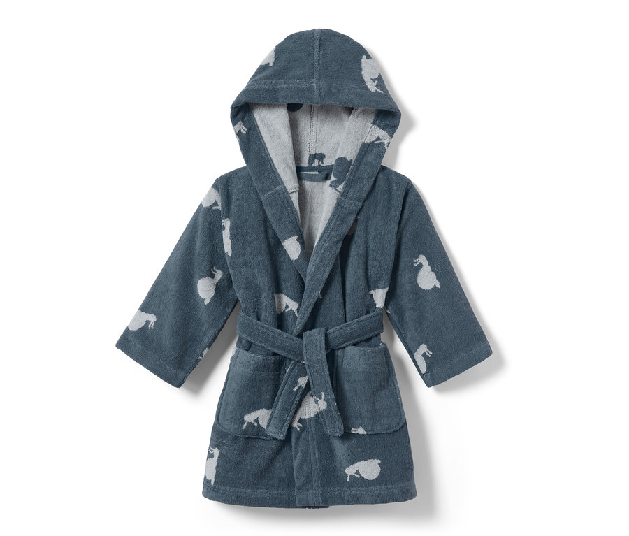 Kék, csigás kisgyerek fürdőköpeny állatmintával.