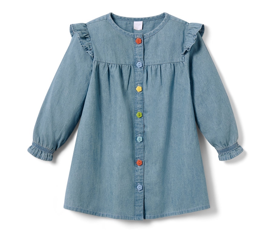 Kék farmer kislányruha hosszú ujjakkal és színes gombokkal.