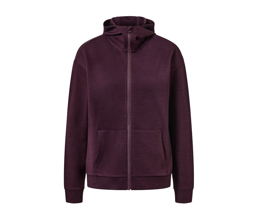 Mályva színű, RWS-minősített gyapjú kapucnis felső cipzárral és zsebekkel.